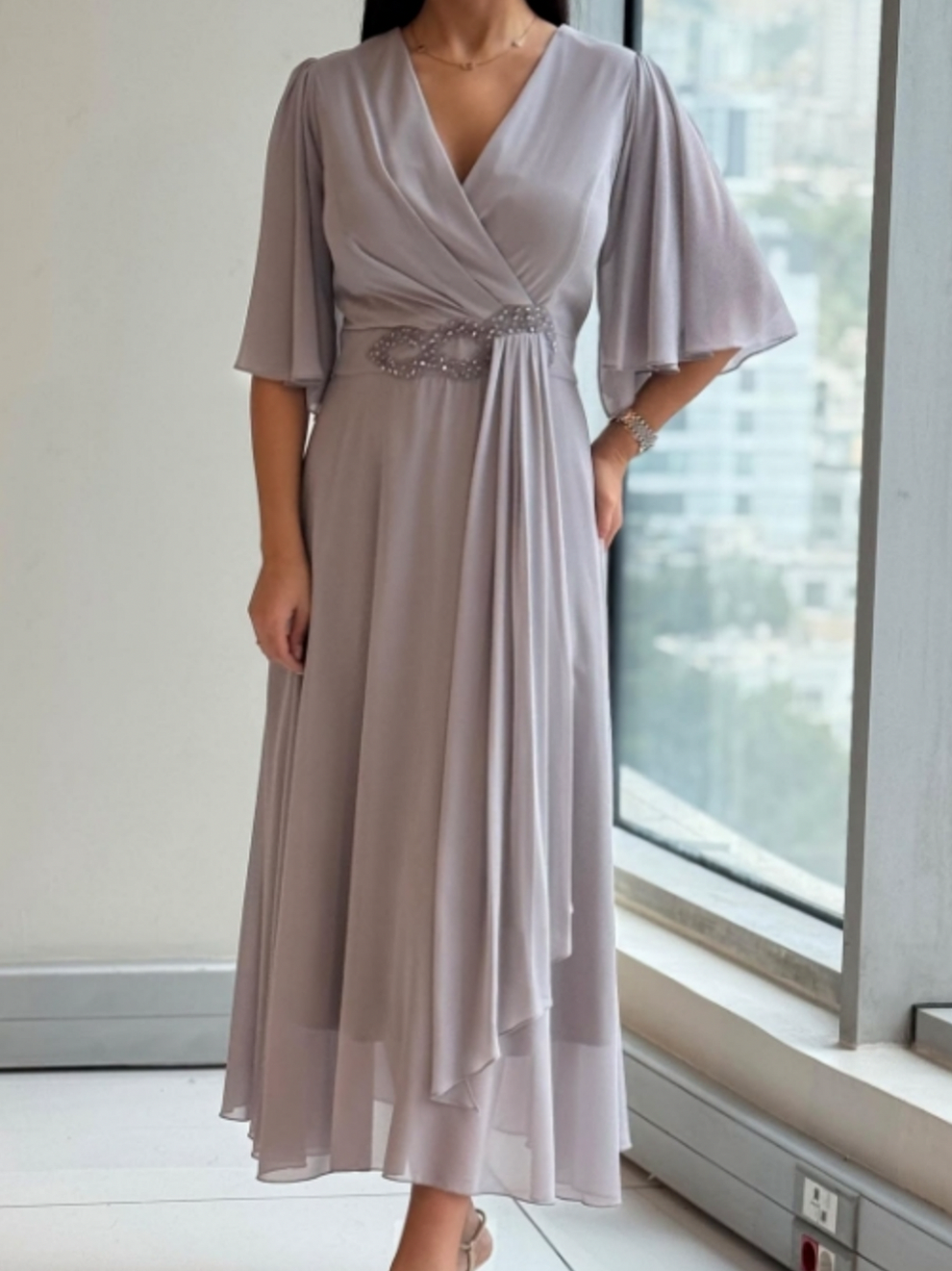 Wrap Short Sleeve Midi Dress