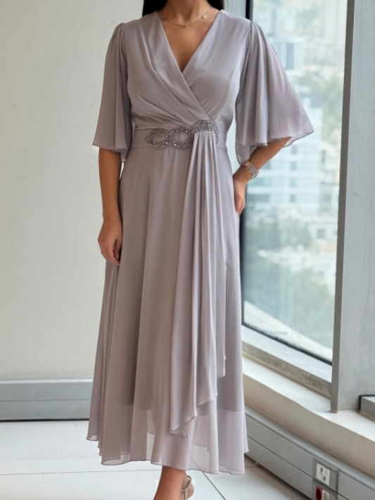 Wrap Short Sleeve Midi Dress