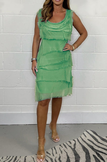 Relaxed Tiered Fringe Sleeveless Midi Dress
