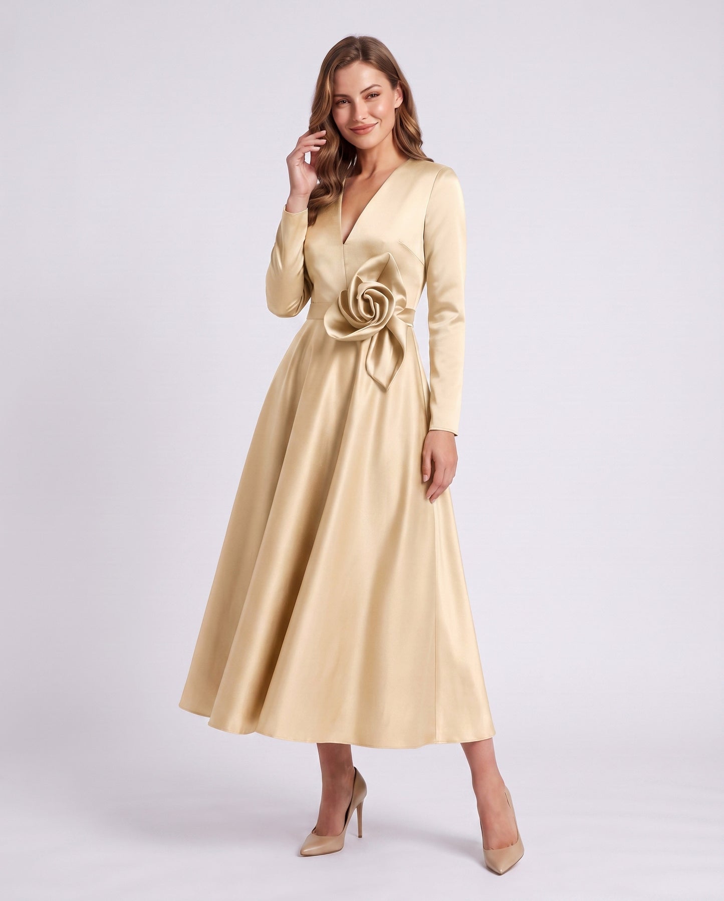 Satin Long Sleeve Midi Dress