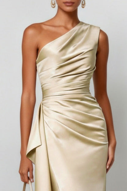 Satin One Shoulder Ruched Gown