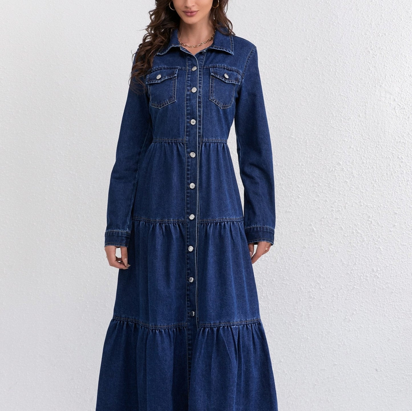 Denim Tiered Long Sleeve Maxi Dress