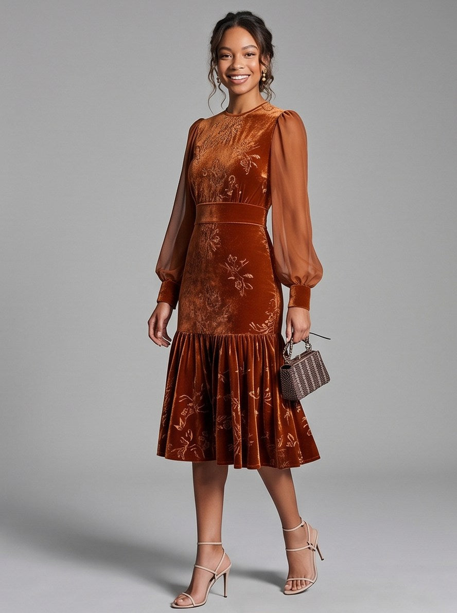 Velvet Floral Long Sleeve Midi Dress