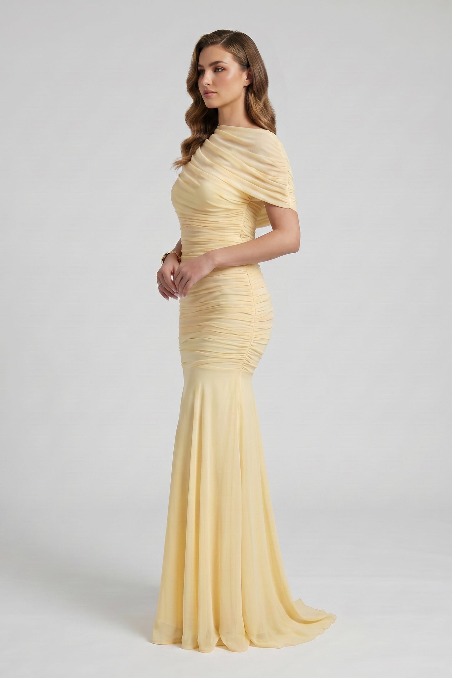 Chiffon Ruched High Neck Maxi Dress