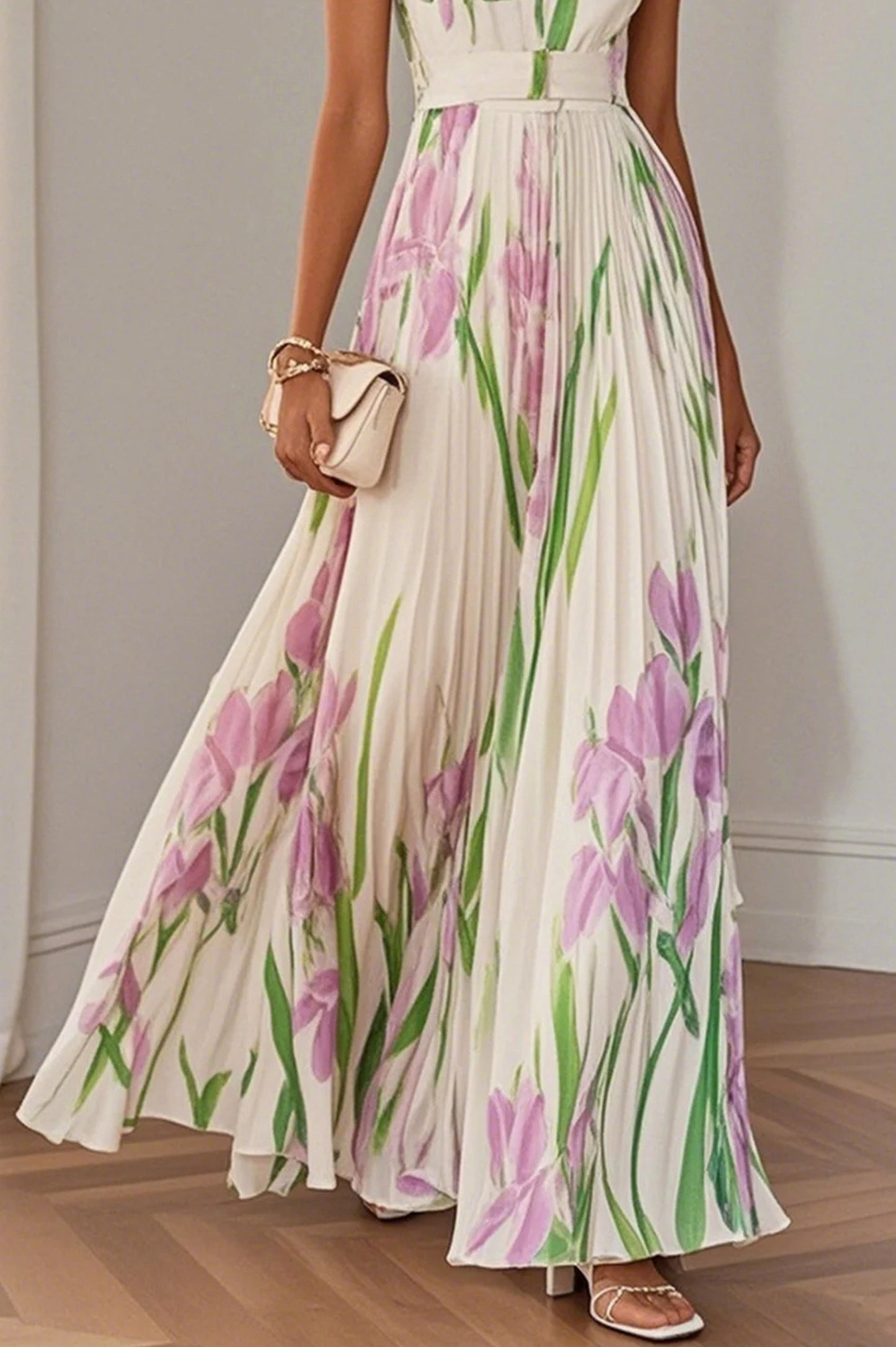 Floral Pleated Belted Maxi Dress