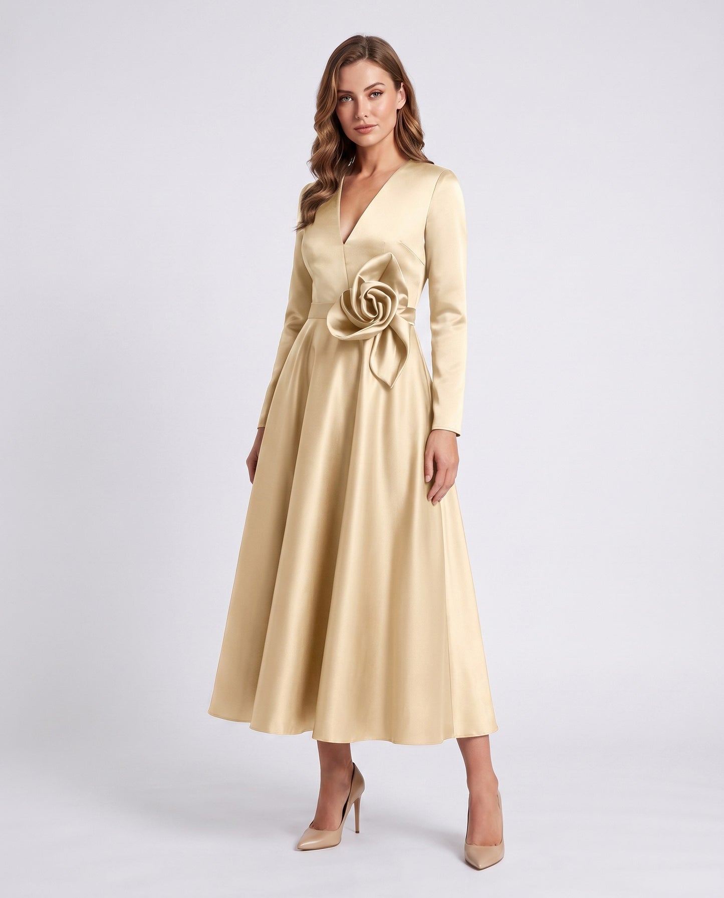 Satin Long Sleeve Midi Dress