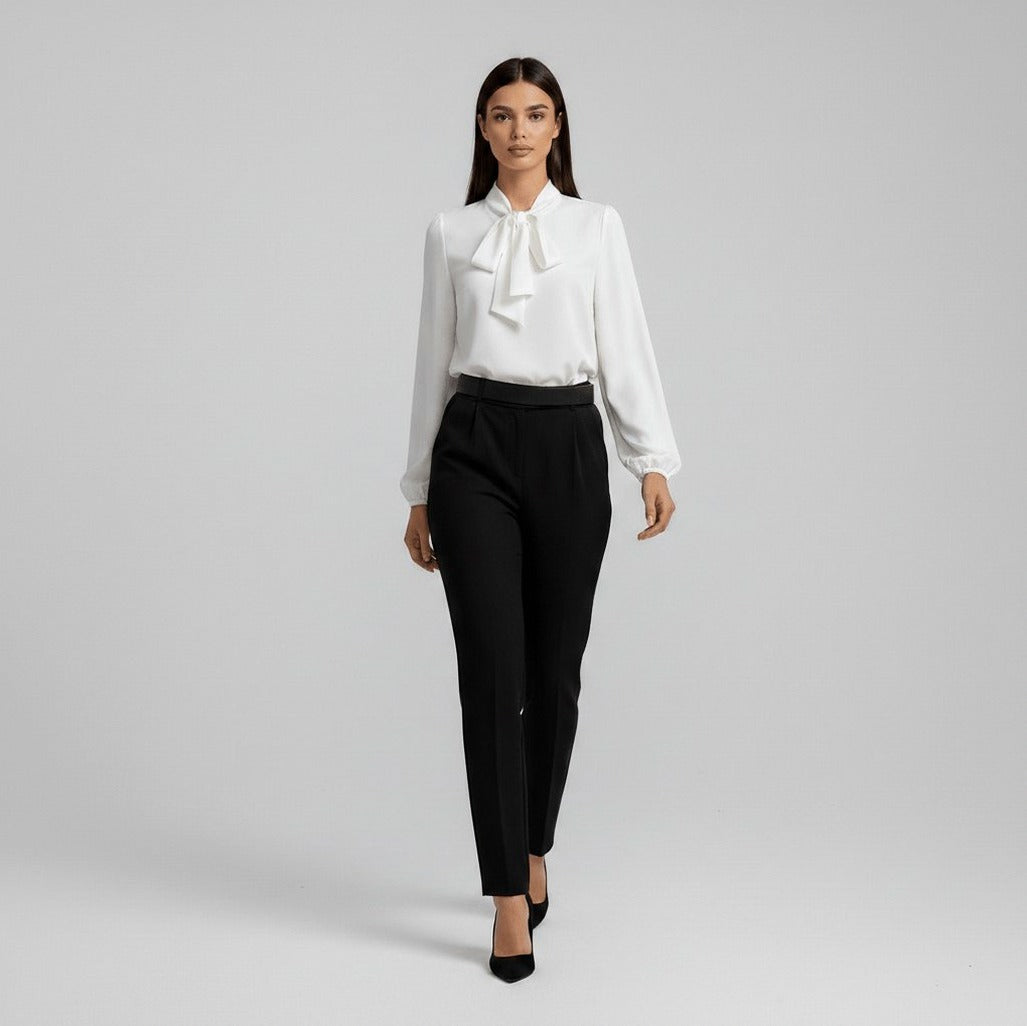 Crepe Tie Neck Long Sleeve Blouse
