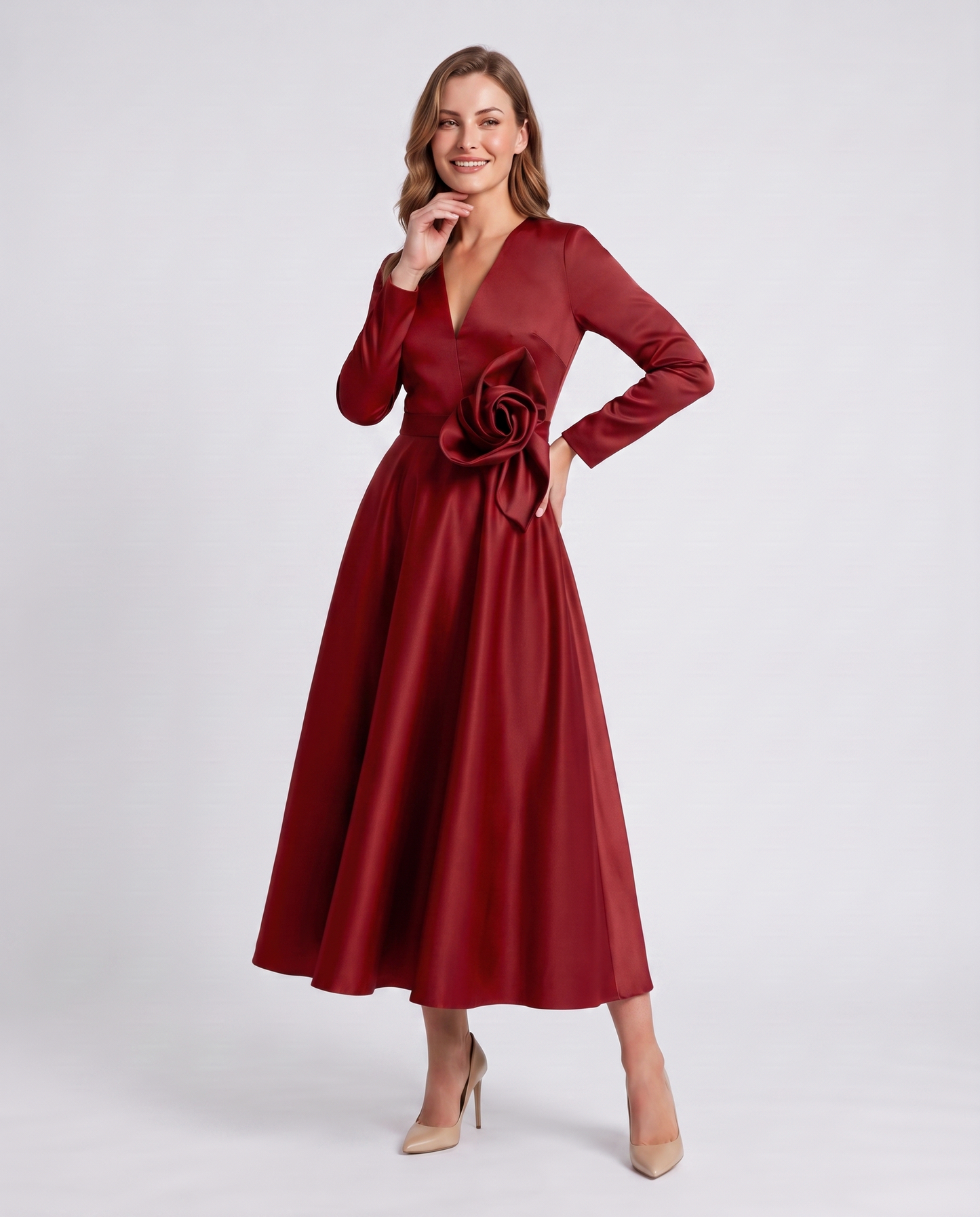 Satin Long Sleeve Midi Dress