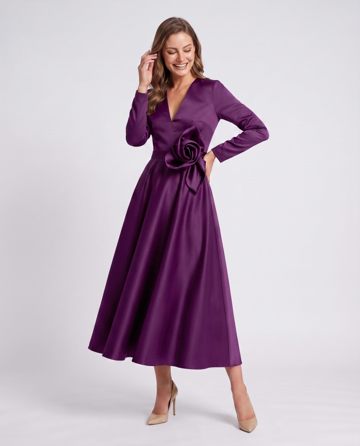 Satin Long Sleeve Midi Dress