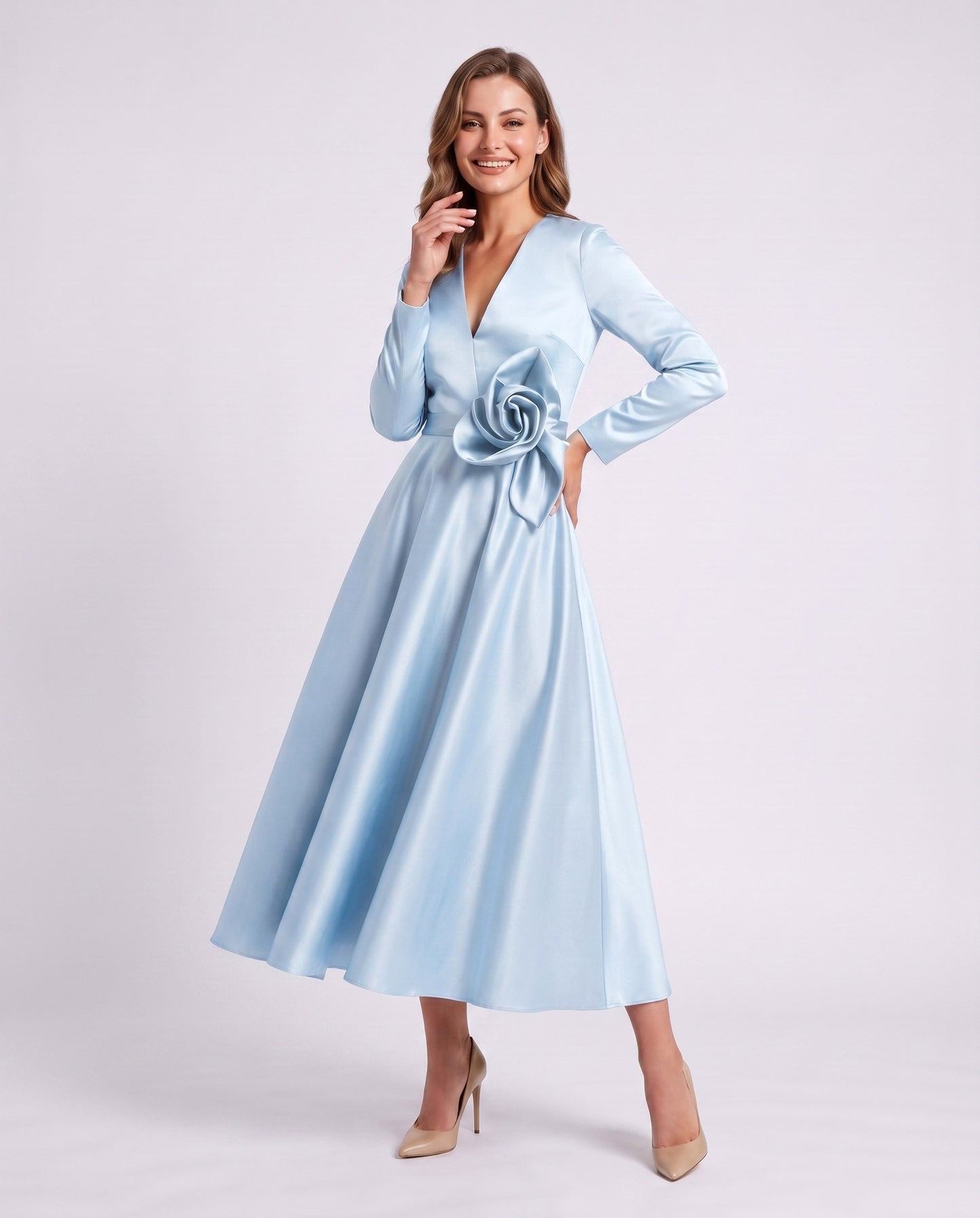 Satin Long Sleeve Midi Dress