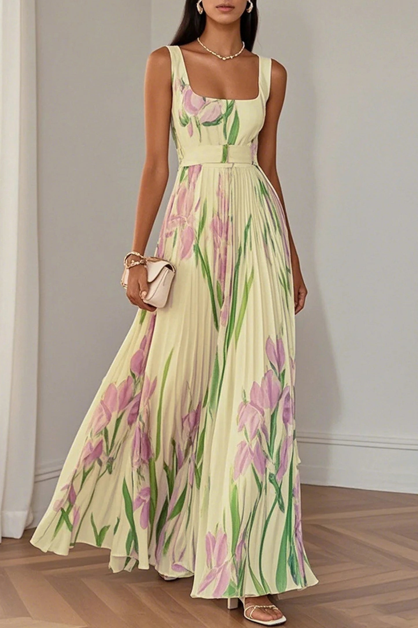 Floral Pleated Belted Maxi Dress