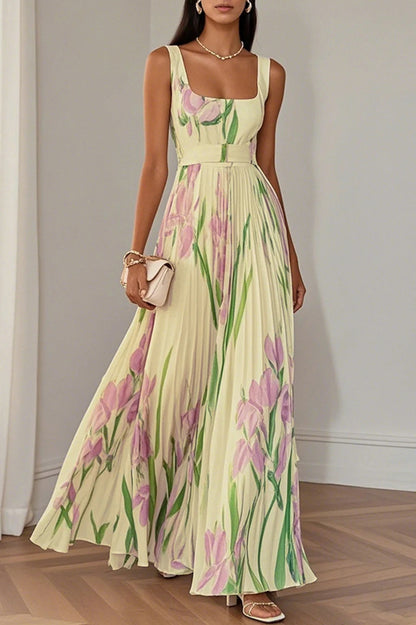 Floral Pleated Belted Maxi Dress