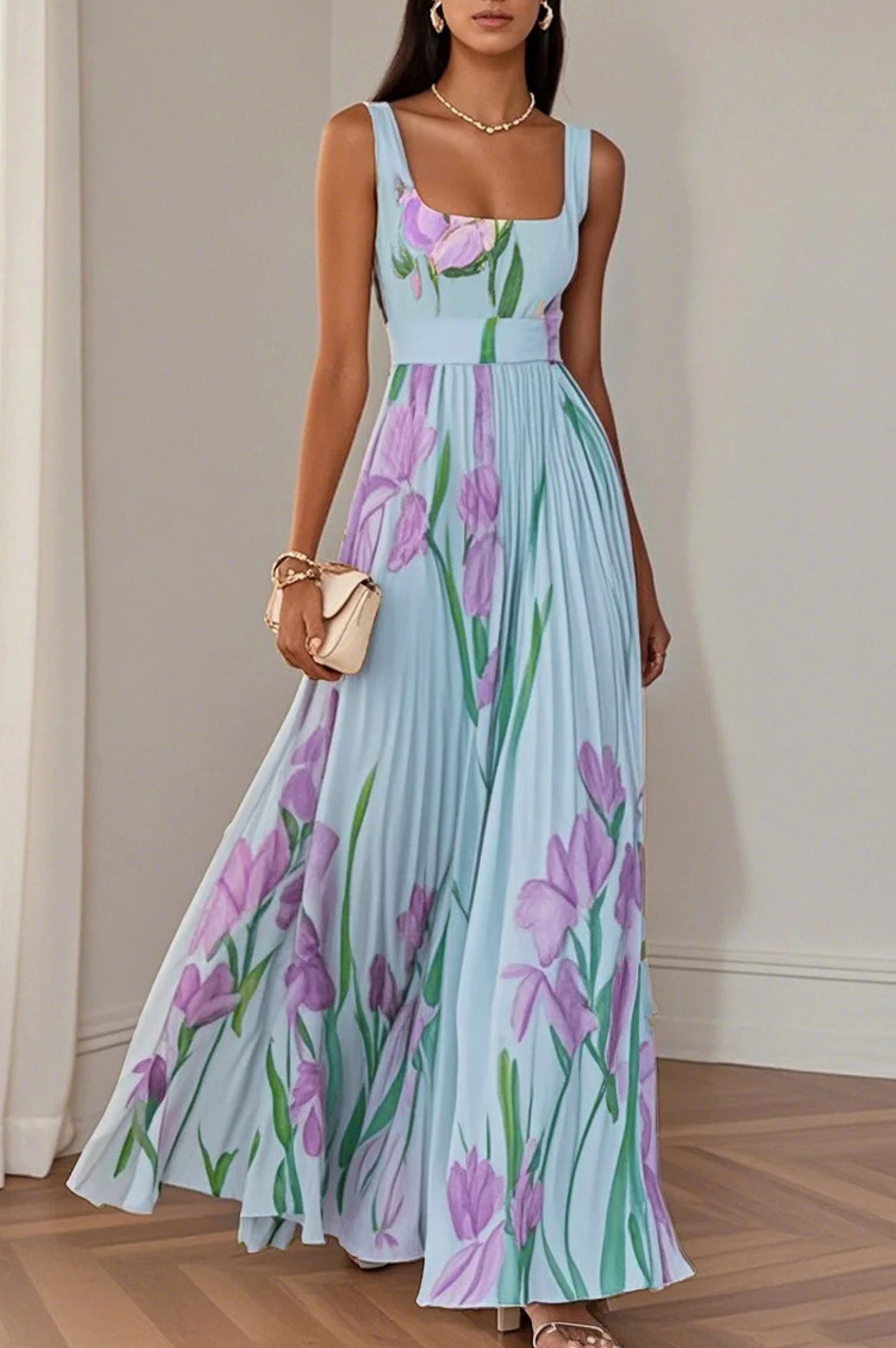 Floral Pleated Belted Maxi Dress