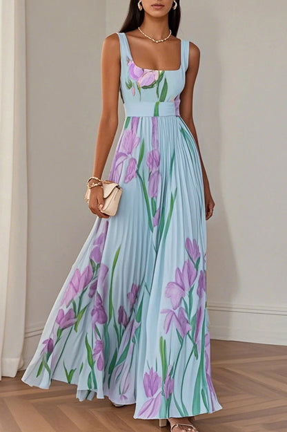 Floral Pleated Belted Maxi Dress