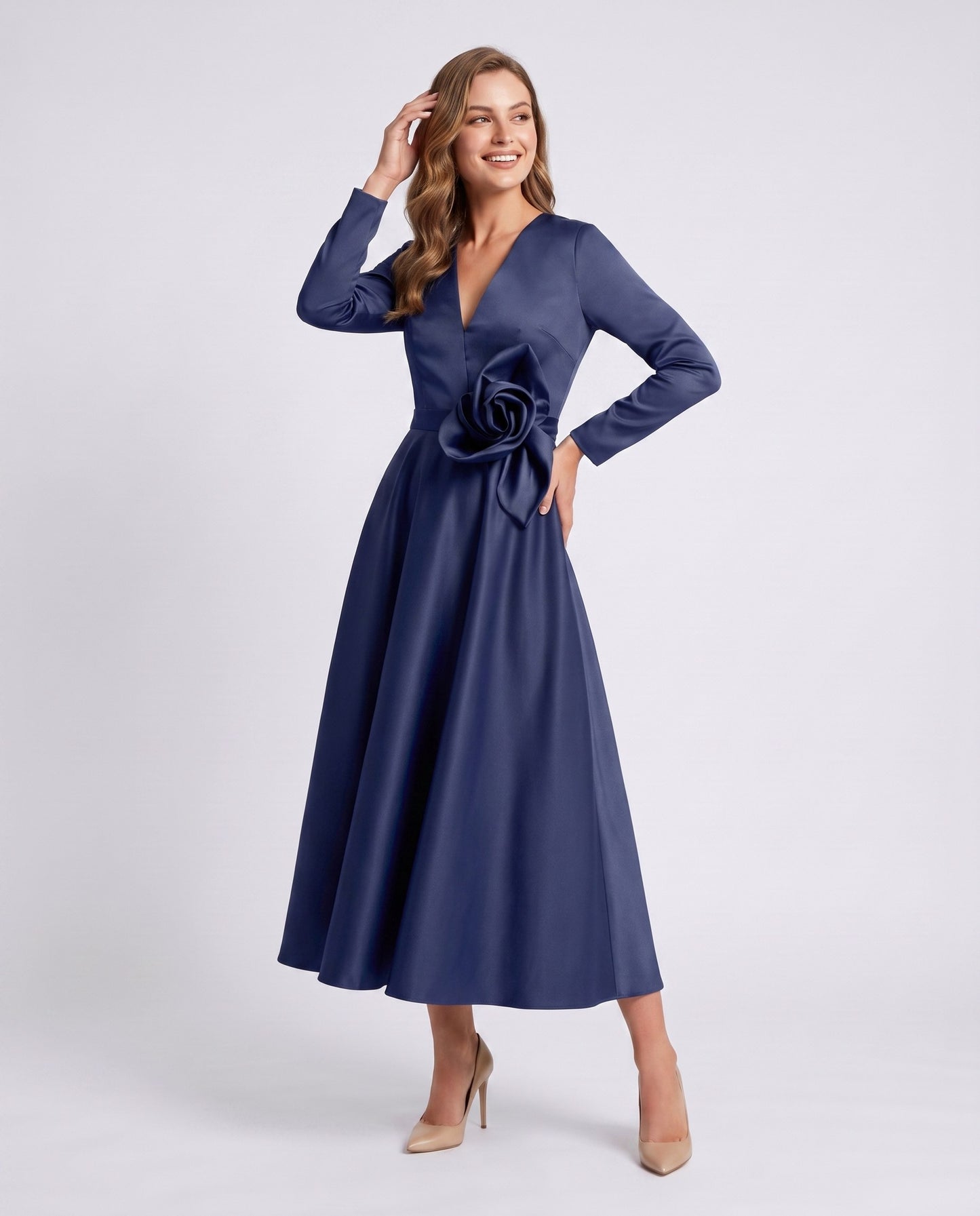 Satin Long Sleeve Midi Dress