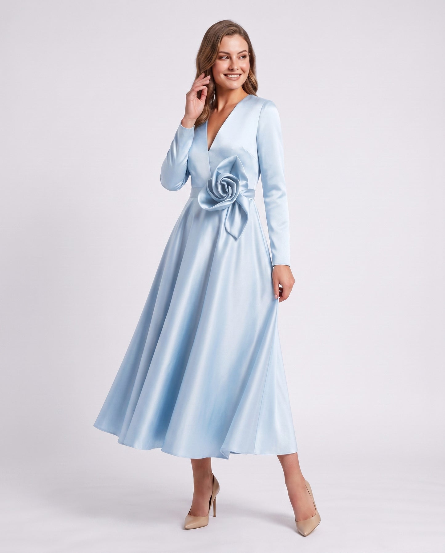 Satin Long Sleeve Midi Dress