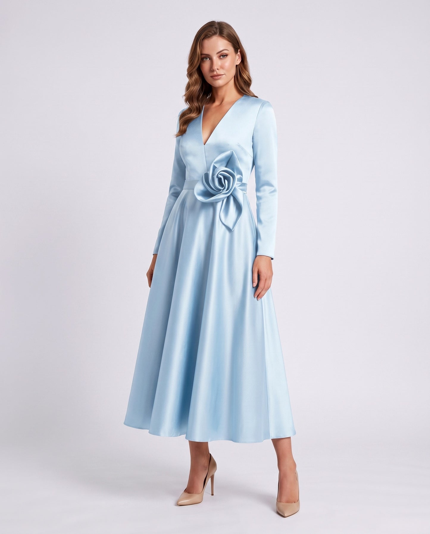 Satin Long Sleeve Midi Dress