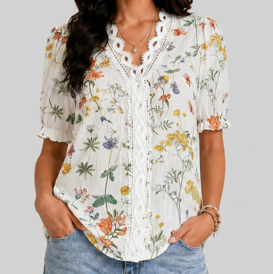 Floral Lace Trim Ruffle Blouse