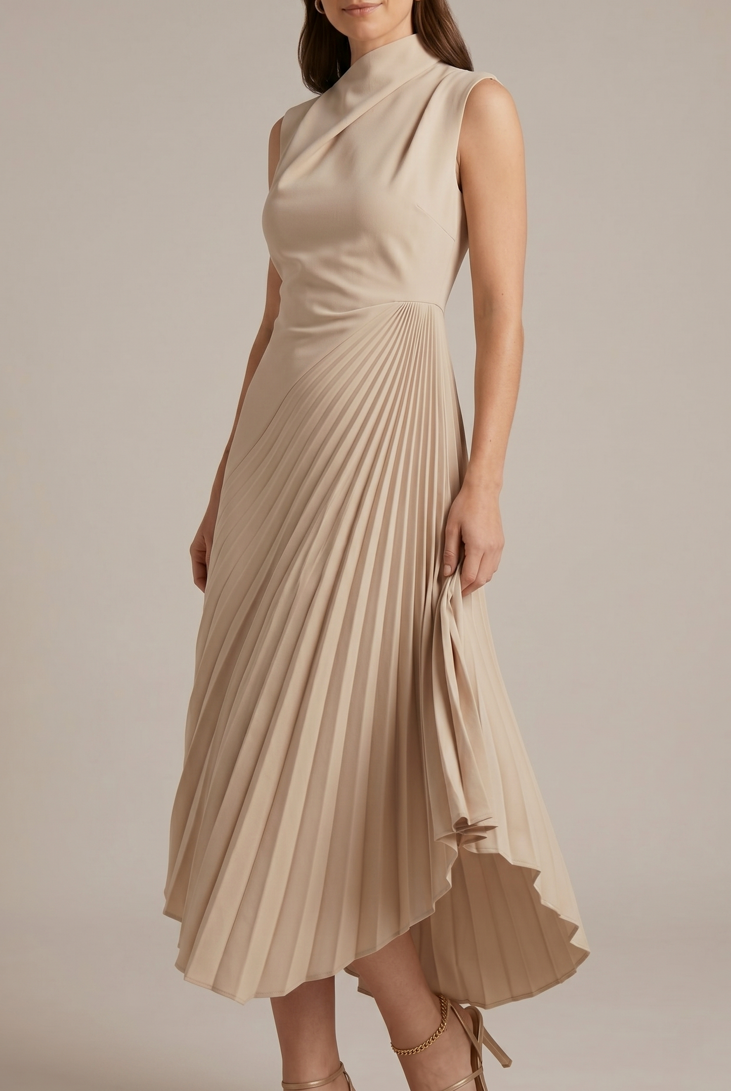 High Neck Pleated Midi Dress