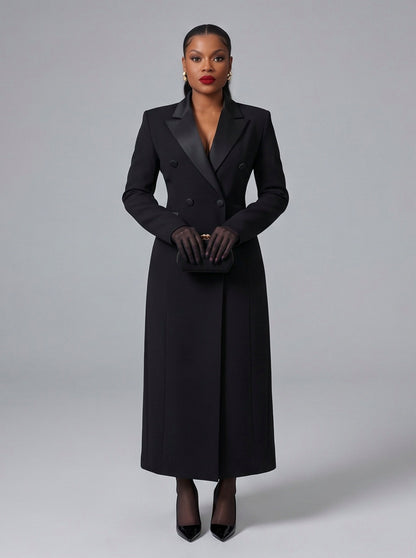 Satin Lapel Double Breasted Maxi Coat