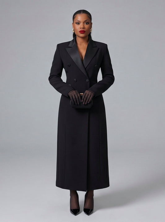 Satin Lapel Double Breasted Maxi Coat