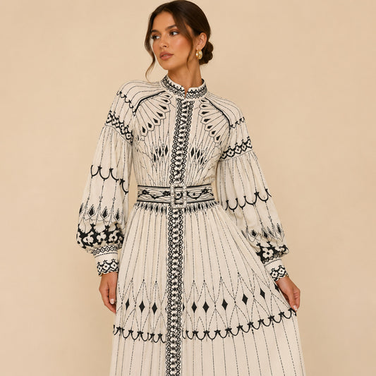 Belted Balloon Sleeve Maxi Dress