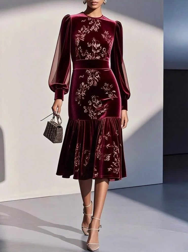 Velvet Floral Long Sleeve Midi Dress