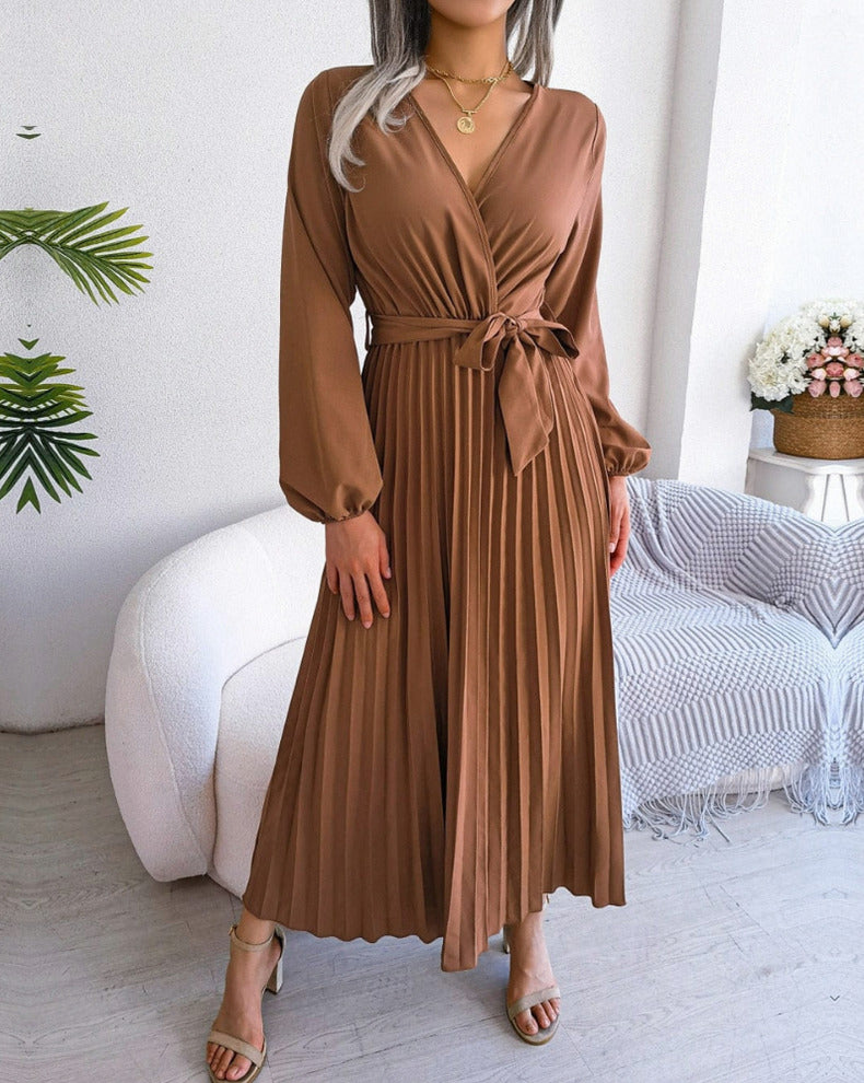 Pleated Long Sleeve Wrap Dress