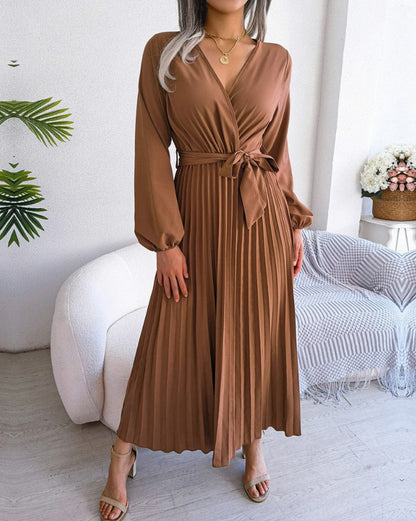 Pleated Long Sleeve Wrap Dress