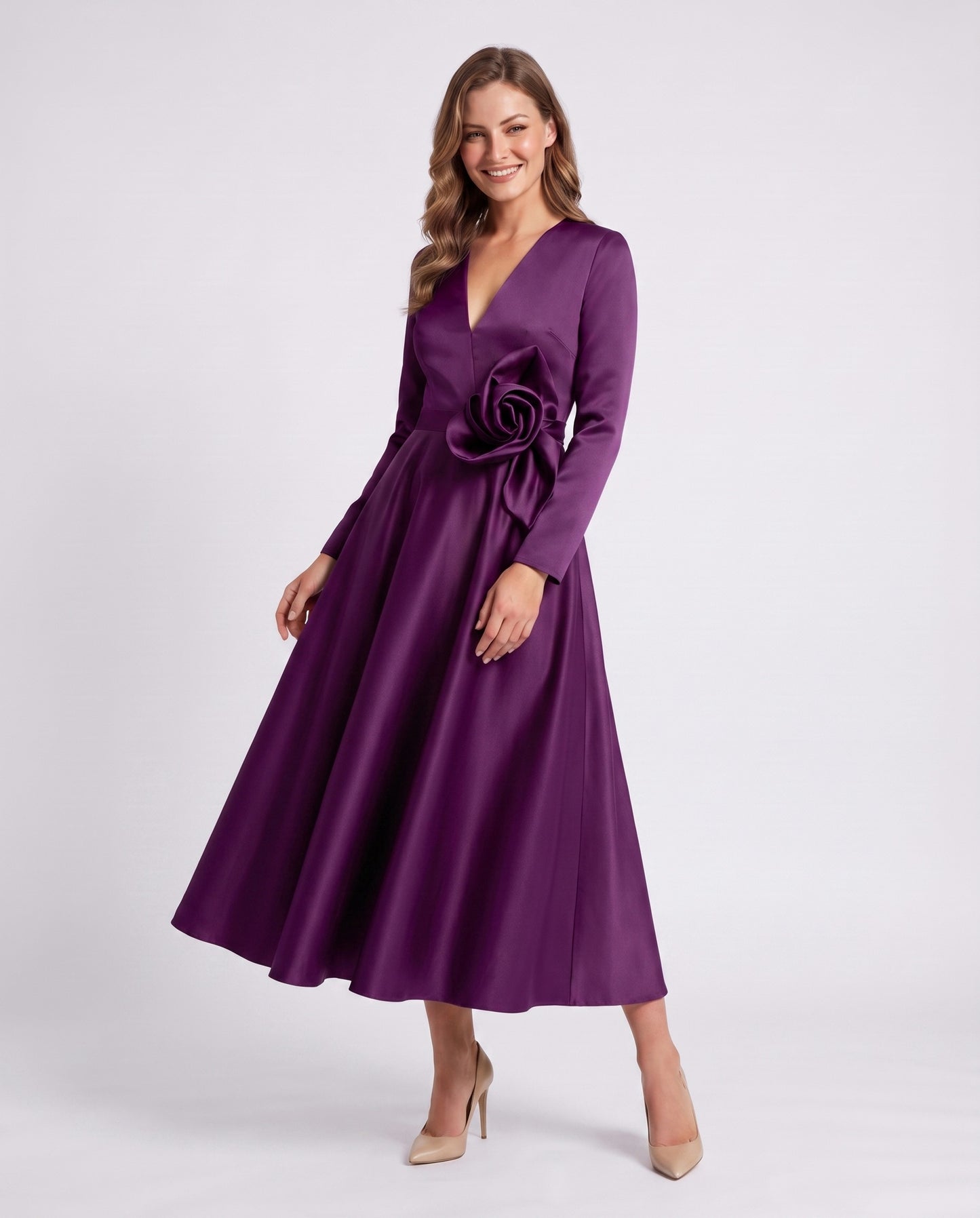Satin Long Sleeve Midi Dress