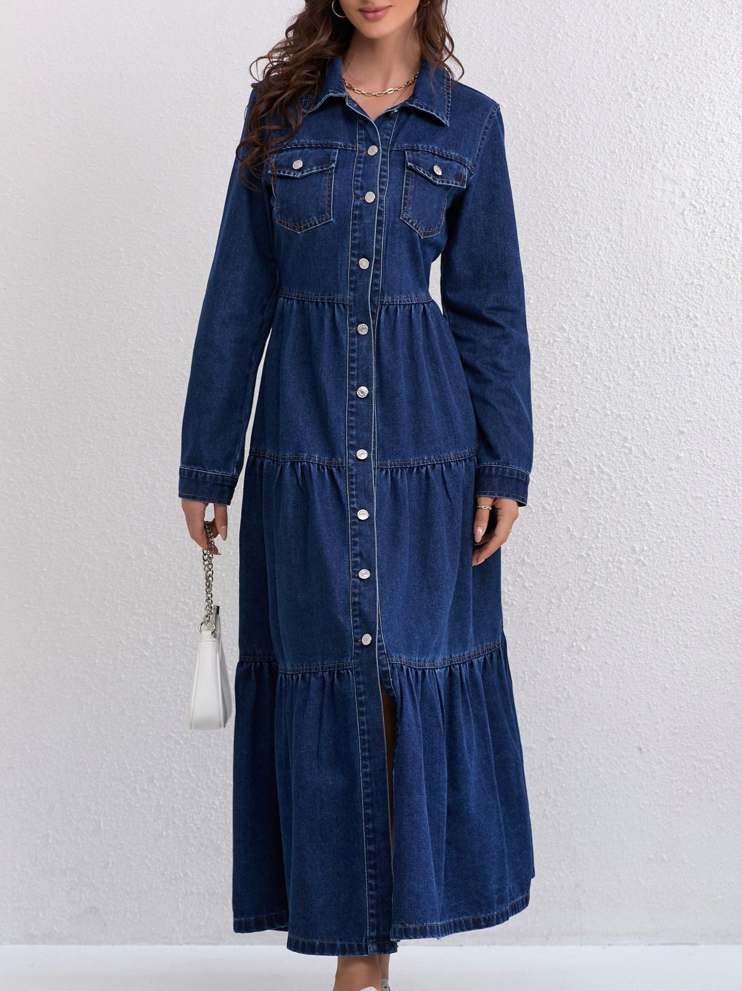 Denim Tiered Long Sleeve Maxi Dress
