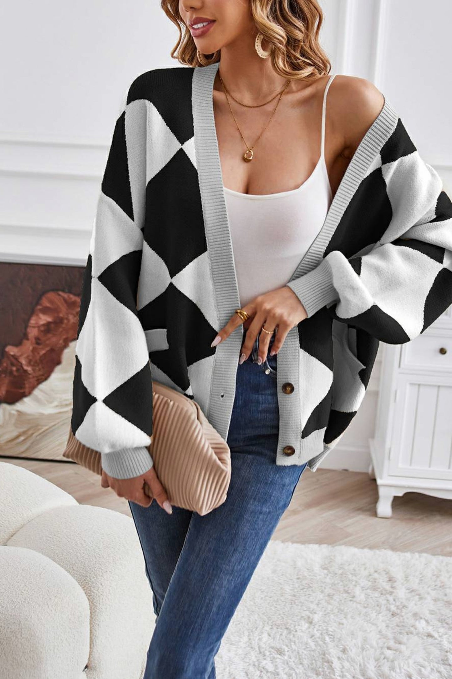 Geometric Knit Button Front Cardigan