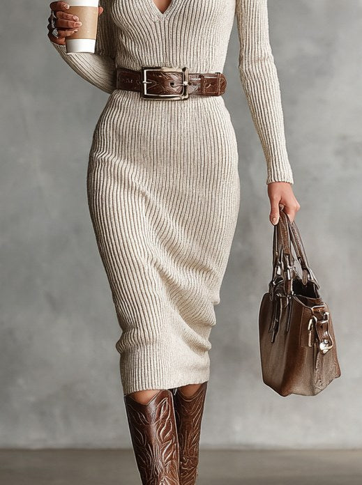 Ribbed Knit Long Sleeve Midi Dress