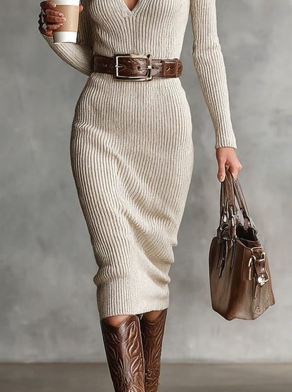Ribbed Knit Long Sleeve Midi Dress