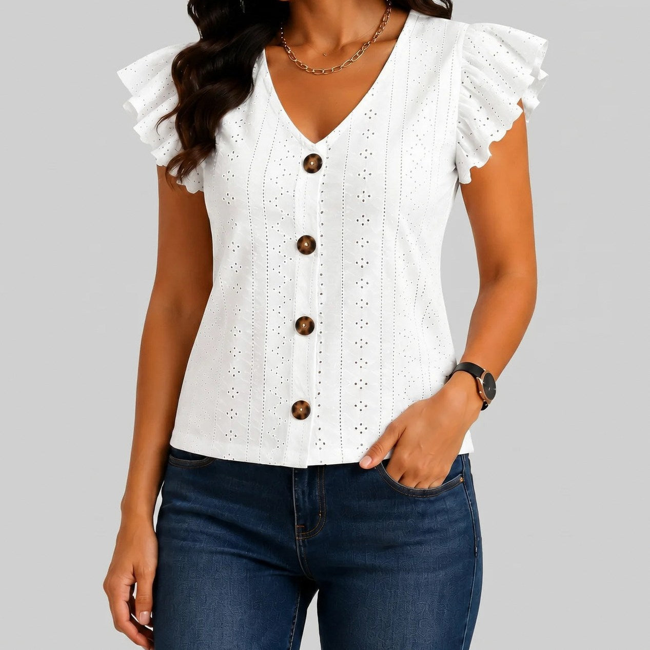 Broderie Ruffle Button Blouse