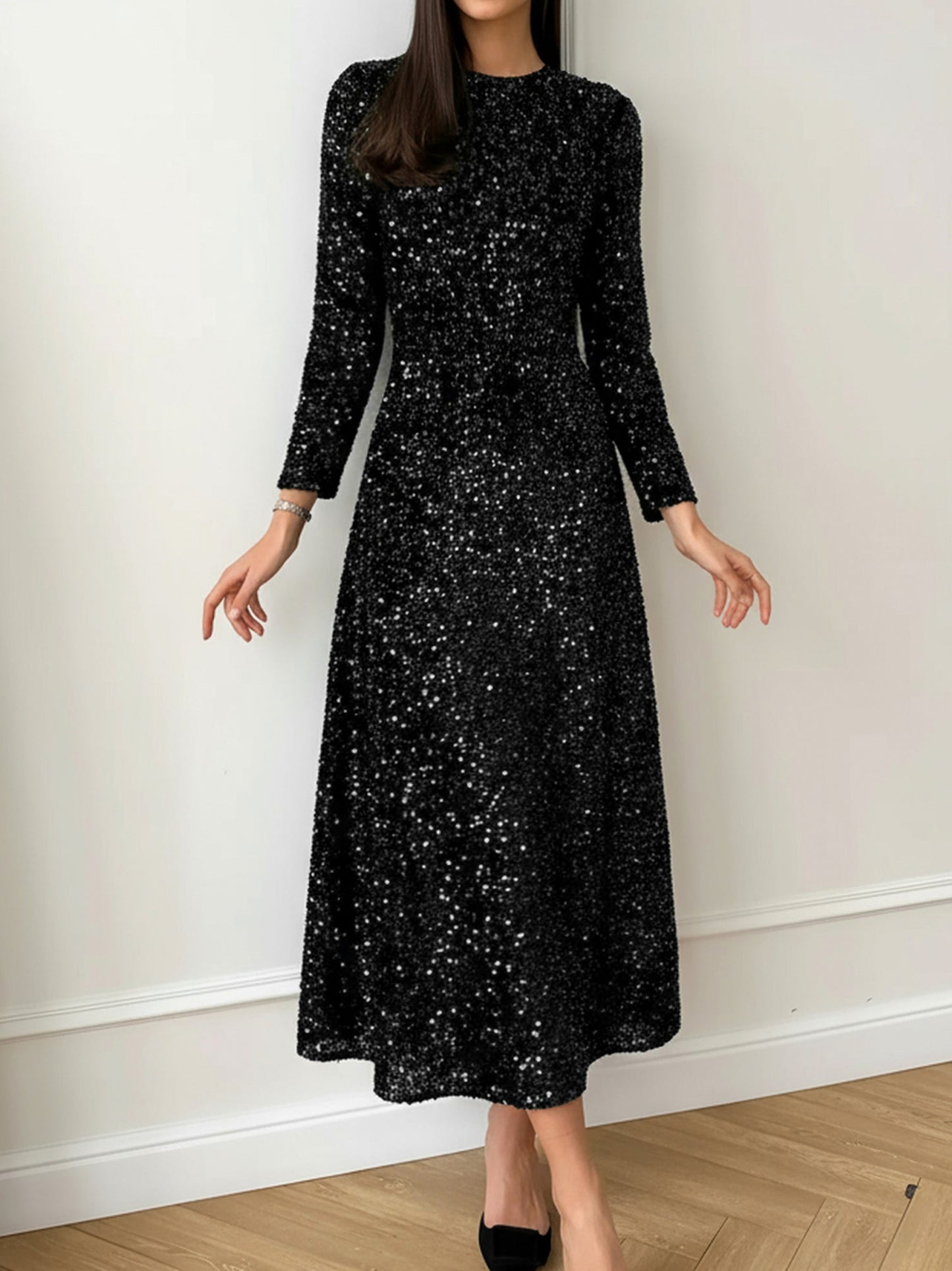 Sequin Long Sleeve Midi Dress