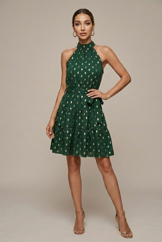 Geometric Halter Tiered Mini Dress