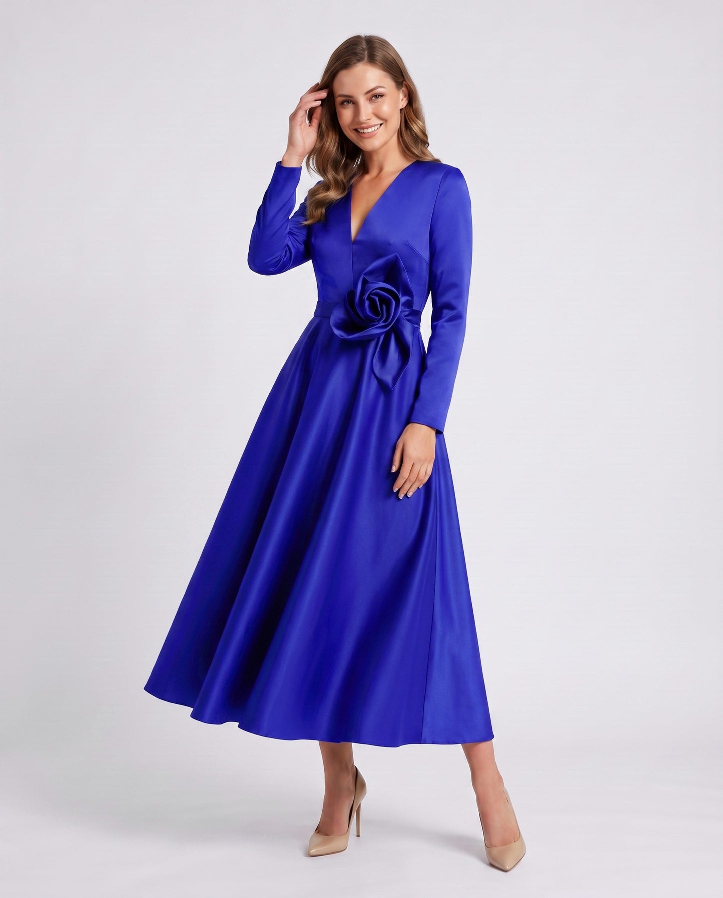 Satin Long Sleeve Midi Dress