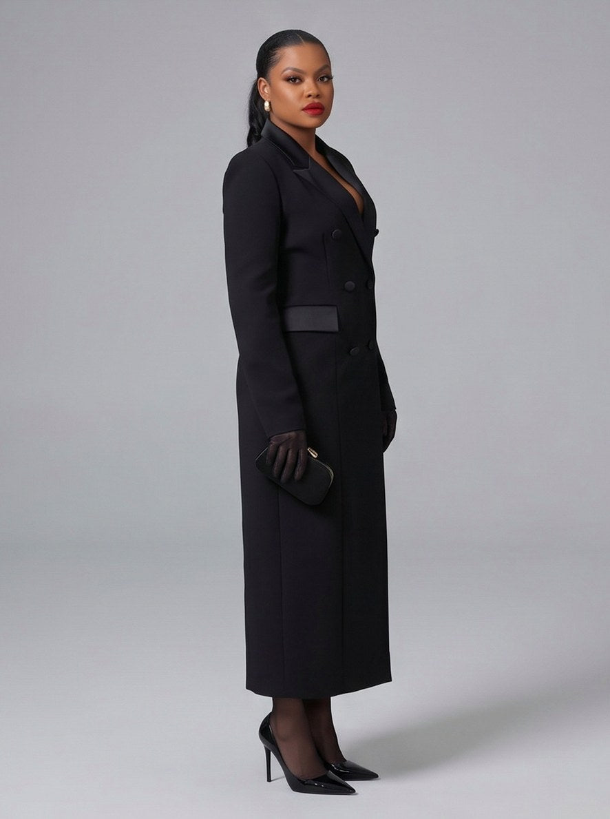 Satin Lapel Double Breasted Maxi Coat