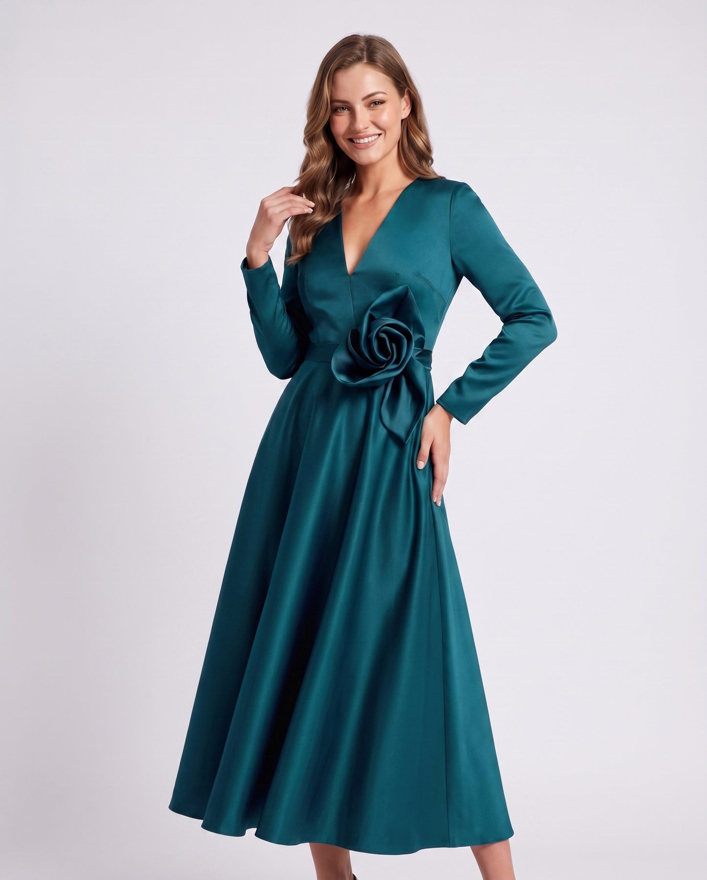 Satin Long Sleeve Midi Dress