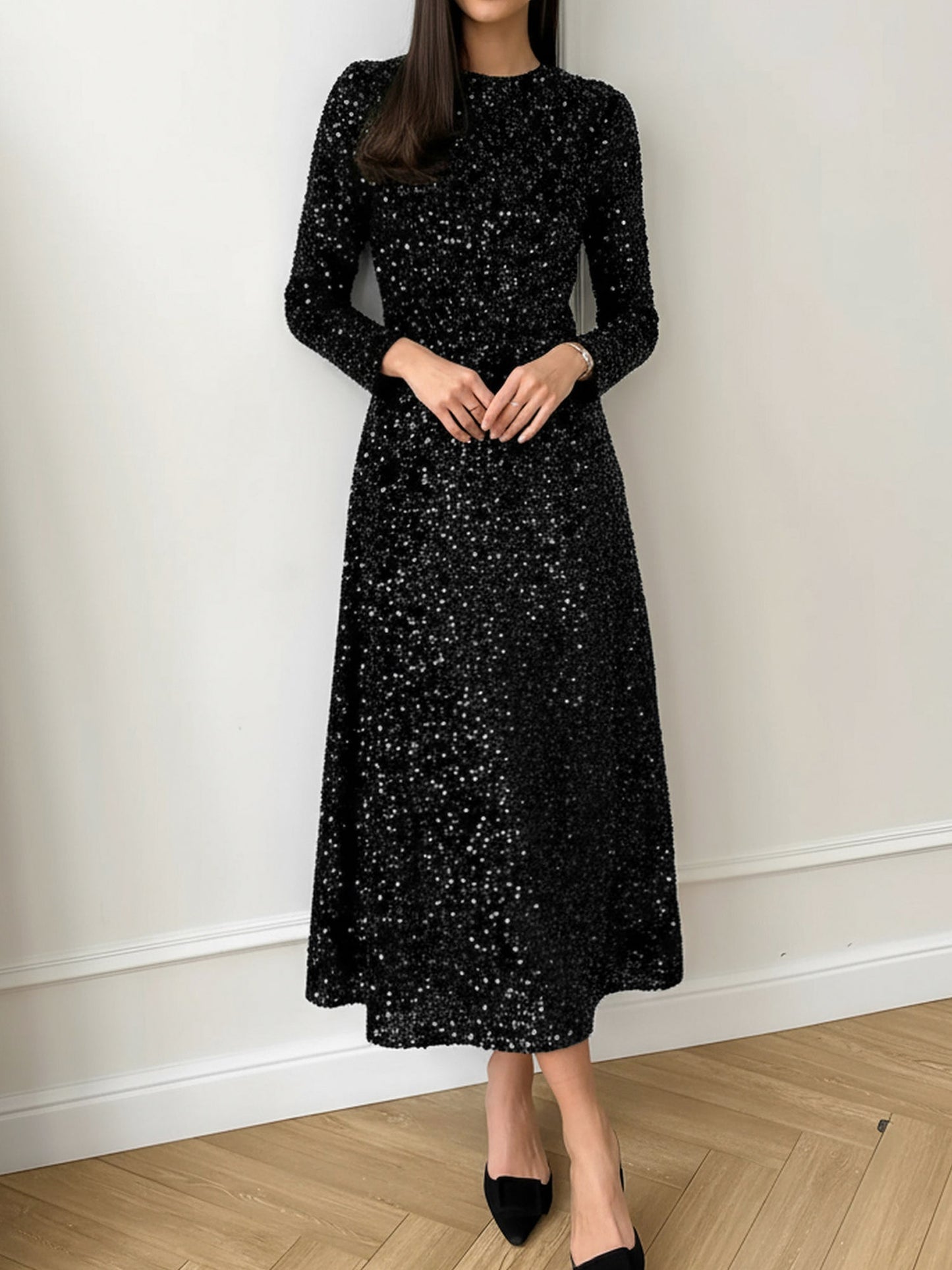 Sequin Long Sleeve Midi Dress