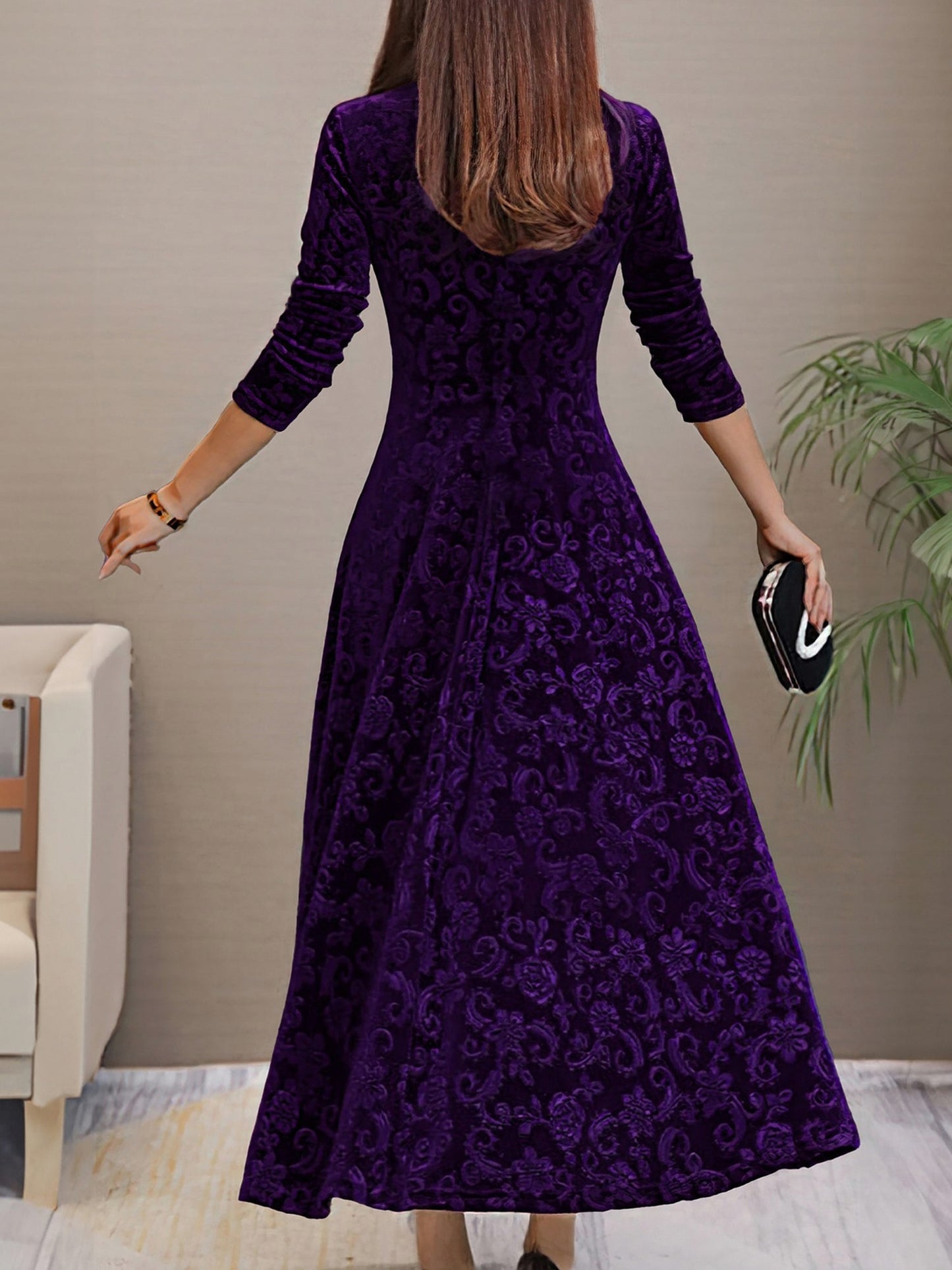 Textured Velvet Long Sleeve Maxi Dress