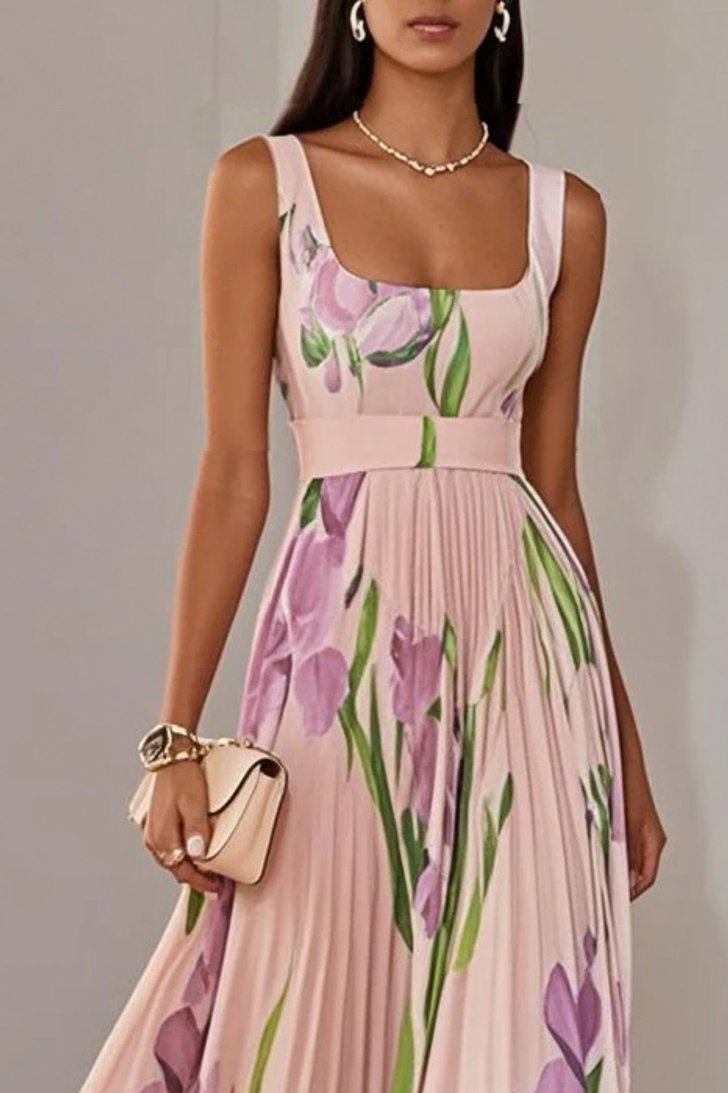 Floral Pleated Belted Maxi Dress