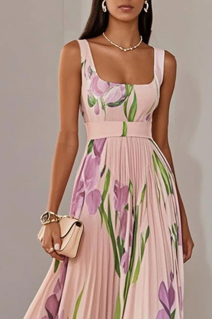 Floral Pleated Belted Maxi Dress