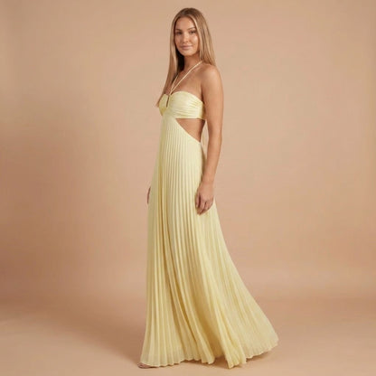 Pleated Halter Cutout Maxi Dress