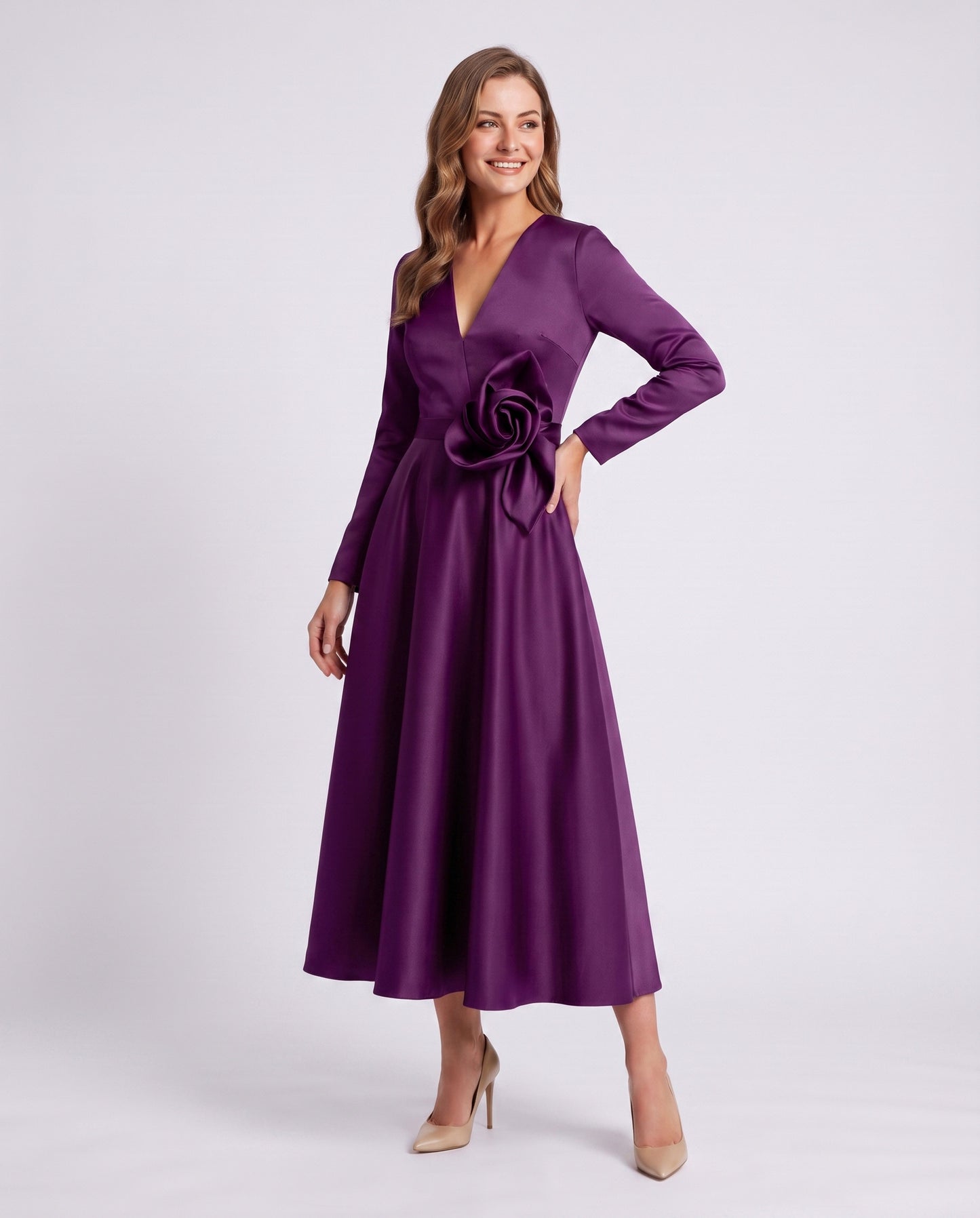 Satin Long Sleeve Midi Dress