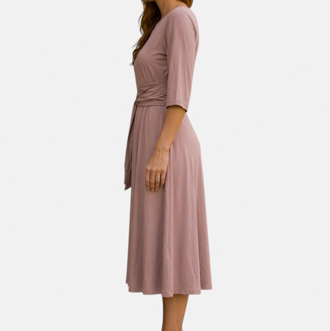 Belted 3/4 Sleeve Midi Dress