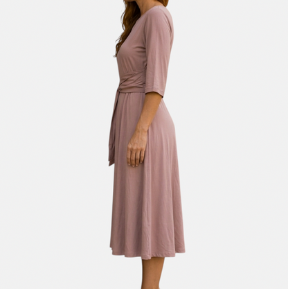 Belted 3/4 Sleeve Midi Dress