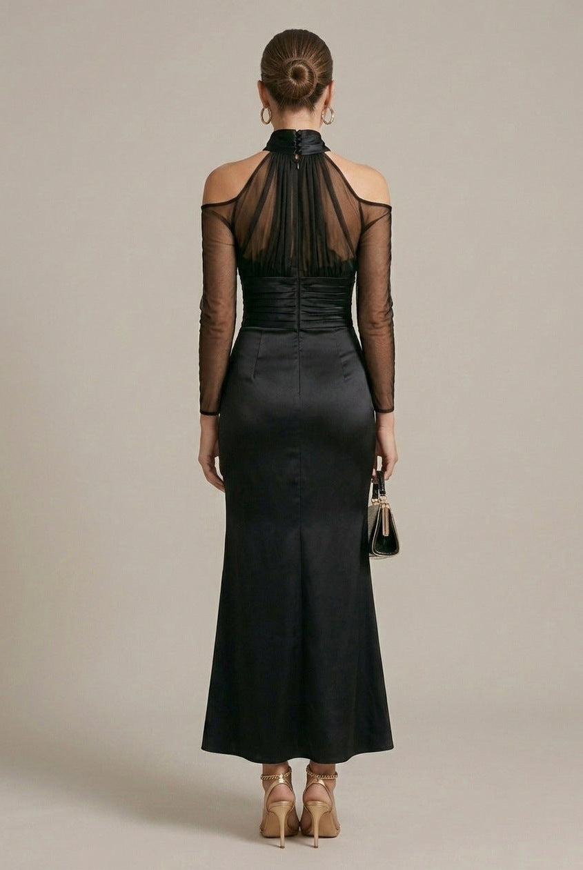 Satin Ruched Cutout Maxi Dress