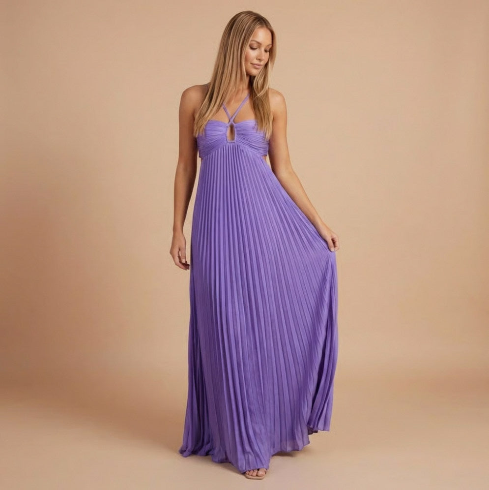 Pleated Halter Cutout Maxi Dress